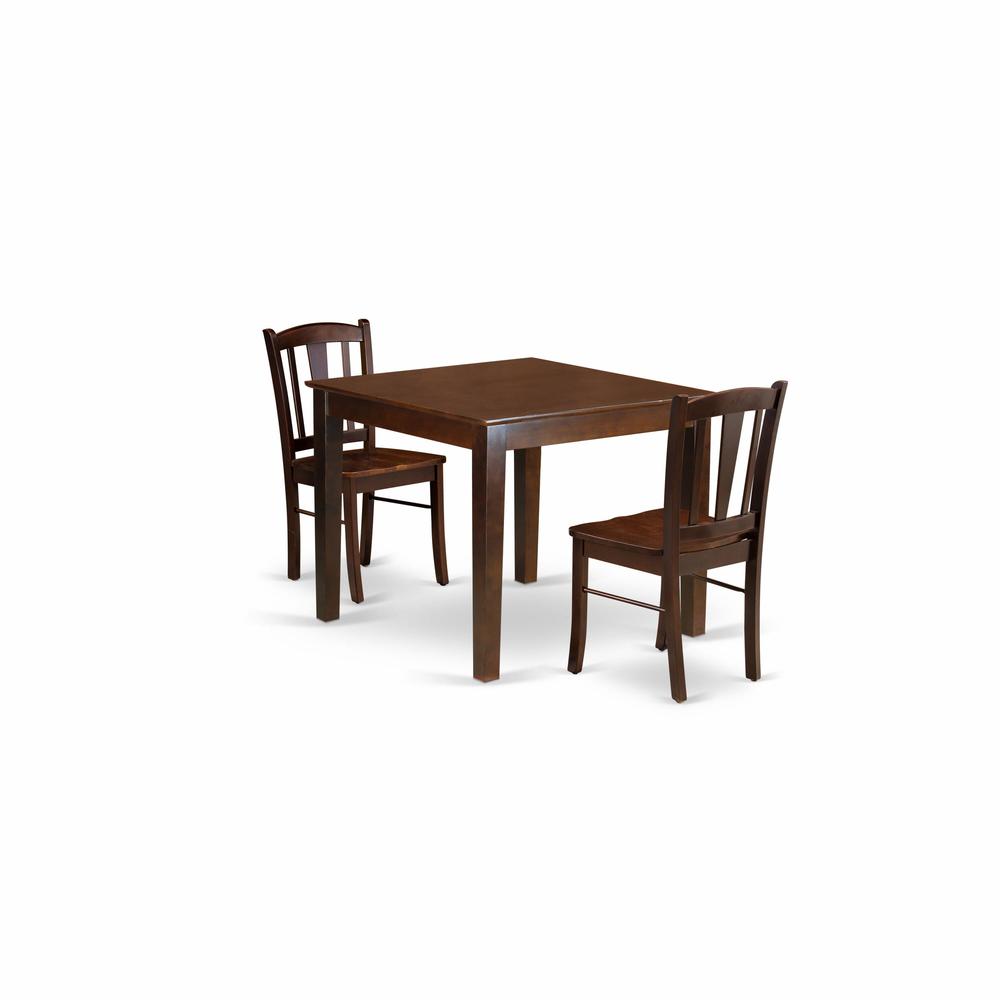 OXDL3-MAH-W - 3-Pc Dining Room Table Set- 2 Wooden Chair and Kitchen Dining Table - Wooden Seat and Slatted Chair Back - Mahogany Finish. Picture 1