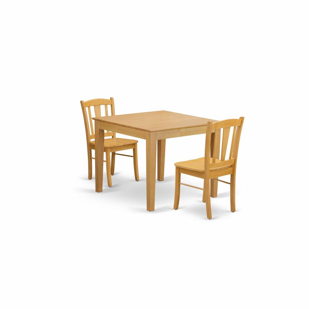 OXDL3-OAK-W - 3-Piece Kitchen Dining Set- 2 Kitchen Chairs and Modern dining room table - Wooden Seat and Slatted Chair Back - Oak Finish. Picture 1