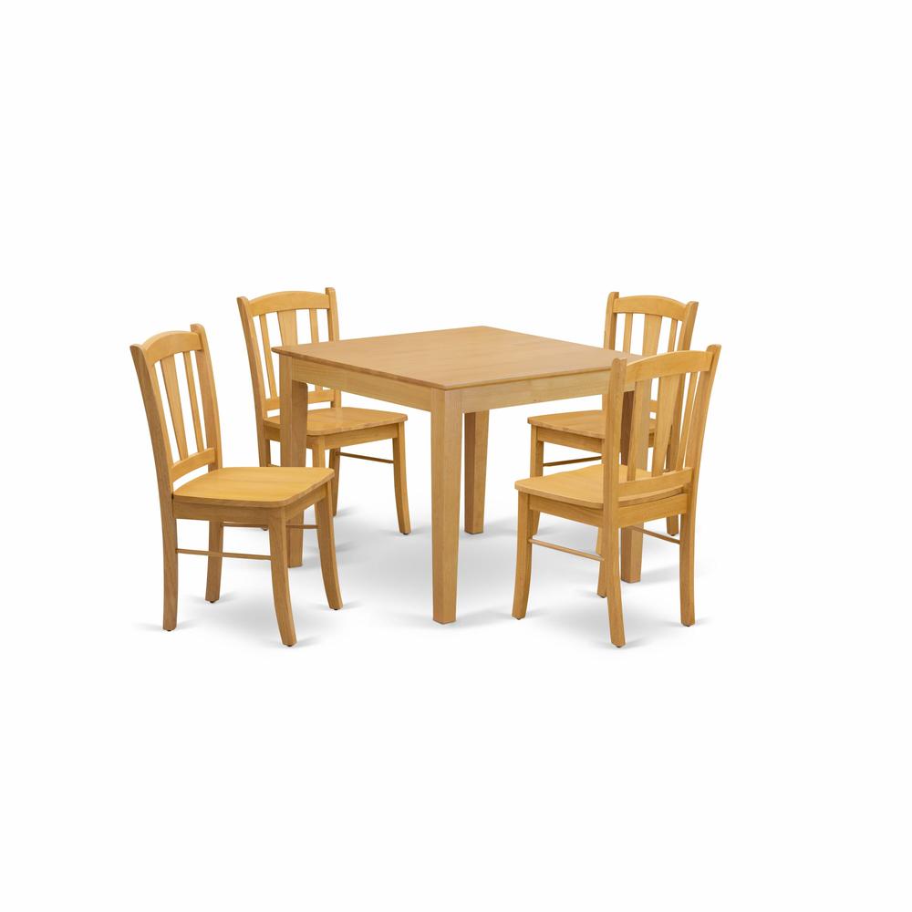 OXDL5-OAK-W - 5-Piece Dining Room Table Set- 4 Wooden Chair and Wood Dining Table - Wooden Seat and Slatted Chair Back - Oak Finish. Picture 1