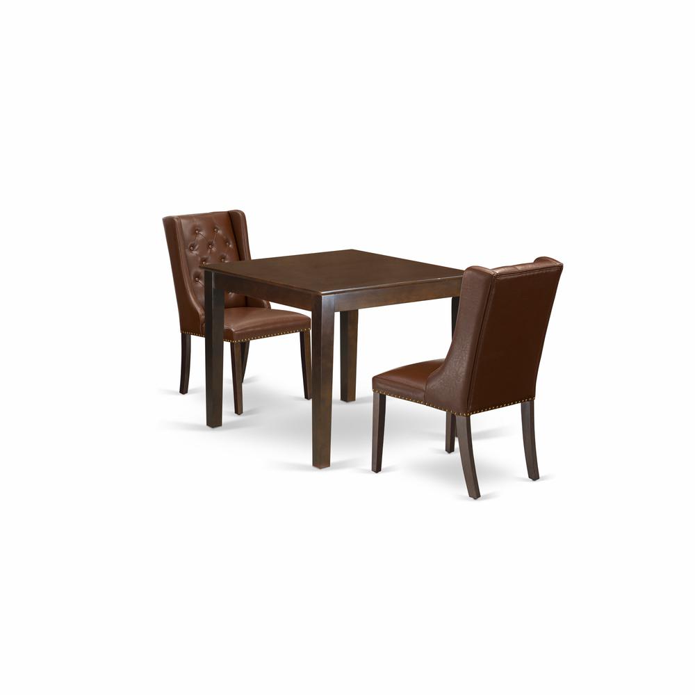 East West Furniture OXFO3-MAH-46 3-Piece Dining Room Table Set Includes 1 Wood Dining Table and 2 Brown Linen Fabric Upholstered Dining Chairs with Button Tufted Back - Mahogany Finish. Picture 1