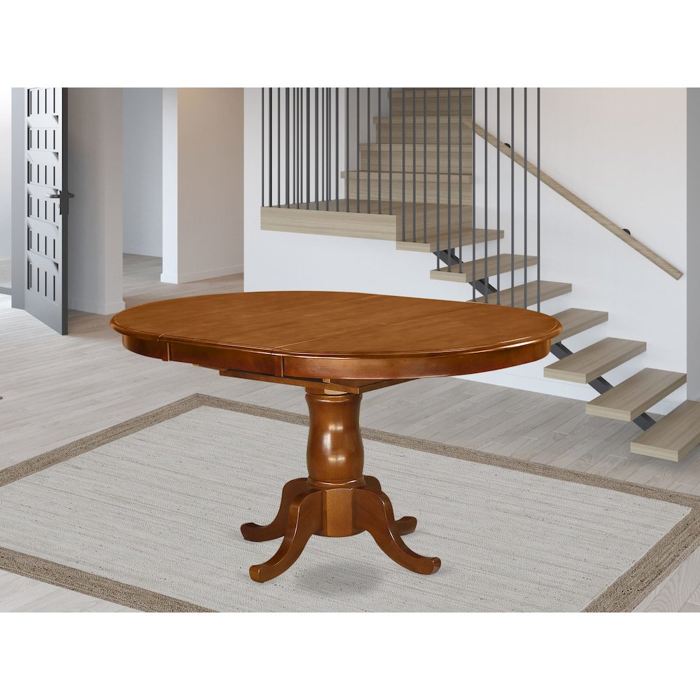 Portland  Single  Pedestal  Oval  Dining  table  with  18"  extension  butterfly  leaf  in  Saddle  Brown  Finish. Picture 2