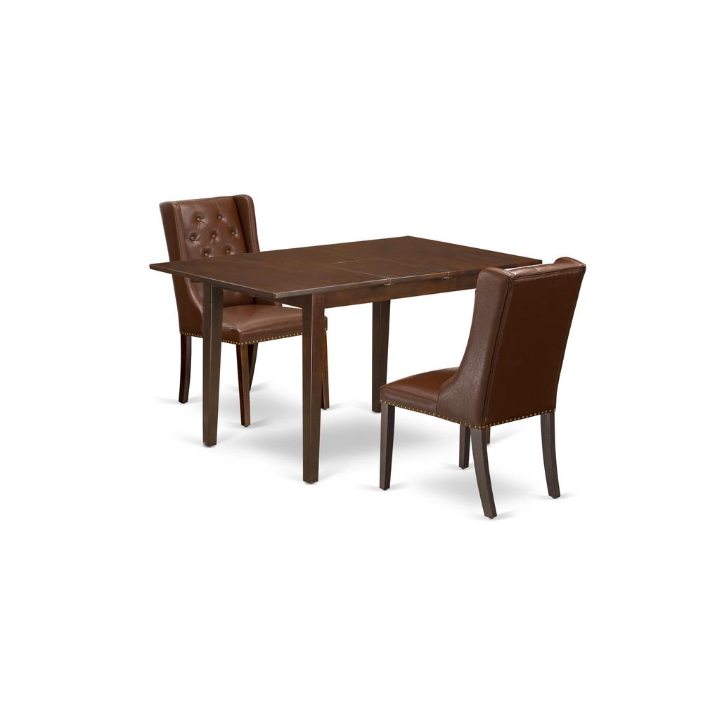 East West Furniture PSFO3-MAH-46 3-Piece Dining Room Table Set Includes 1 Picasso Butterfly Leaf Dining Table and 2 Brown Linen Fabric Padded Chairs Button Tufted - Mahogany Finish. Picture 1