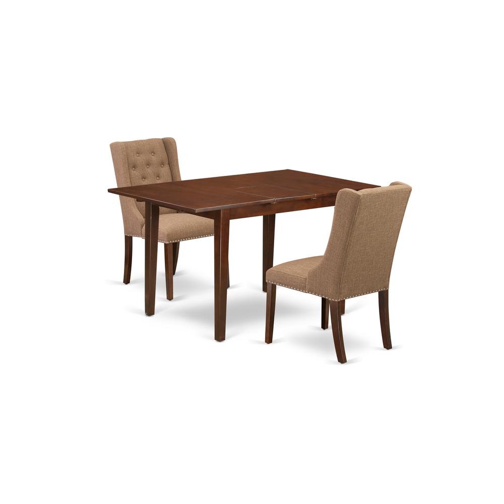East West Furniture PSFO3-MAH-47 3-Piece Dining Table Set Includes 1 Picasso Butterfly Leaf Kitchen Dining Table and 2 Light Sable Linen Fabric Dining Chair with Button Tufted Back - Mahogany Finish. Picture 1