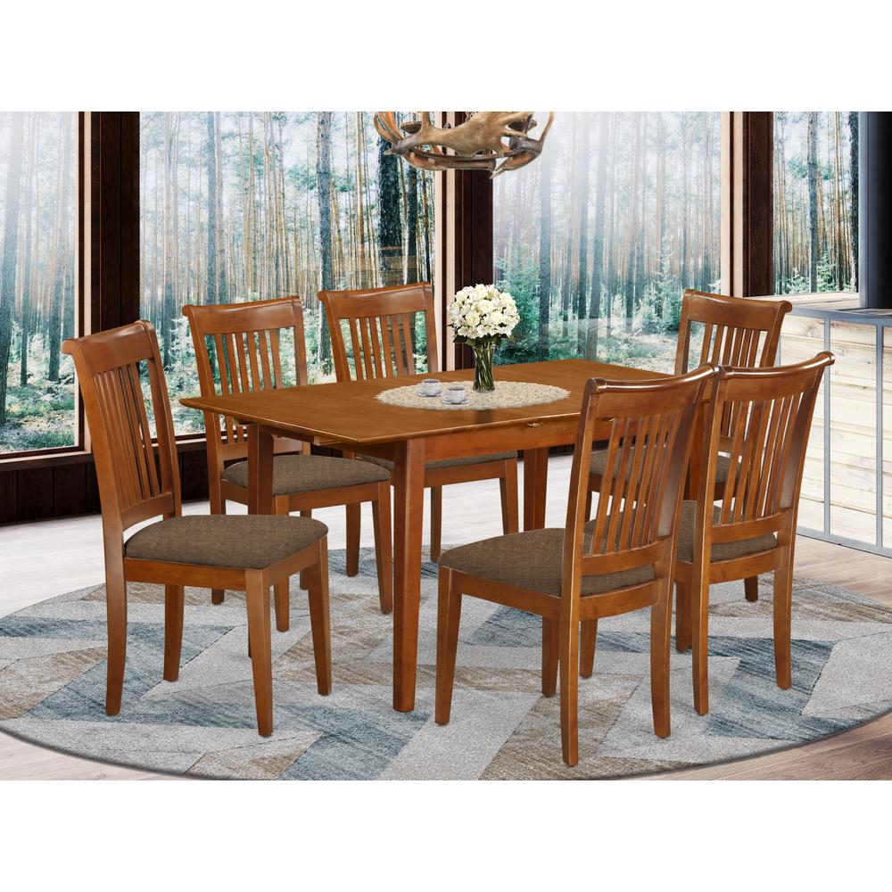 PSPO7-SBR-C 7 Pc set Rectangular Kitchen Table featuring 12" Leaf and 6Fabric Kitchen Chairs in Saddle Brown. Picture 2