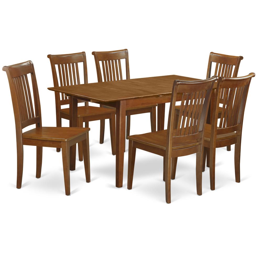 7  Pc  set  Rectangular  Kitchen  Table  having  12"  Leaf  and  6  Wood  Dinette  Chairs  in  Saddle  Brown. Picture 1
