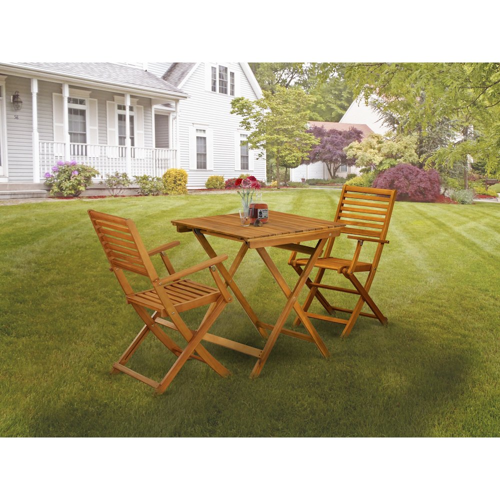 East West Furniture 3-Piece Outdoor Dining Table Set Includes a Foldable Dining Table and 2 Outdoor Arm Chairs Perfect for Garden, Terrace, Bistro, and Porch - Natural Oil Finish. Picture 2
