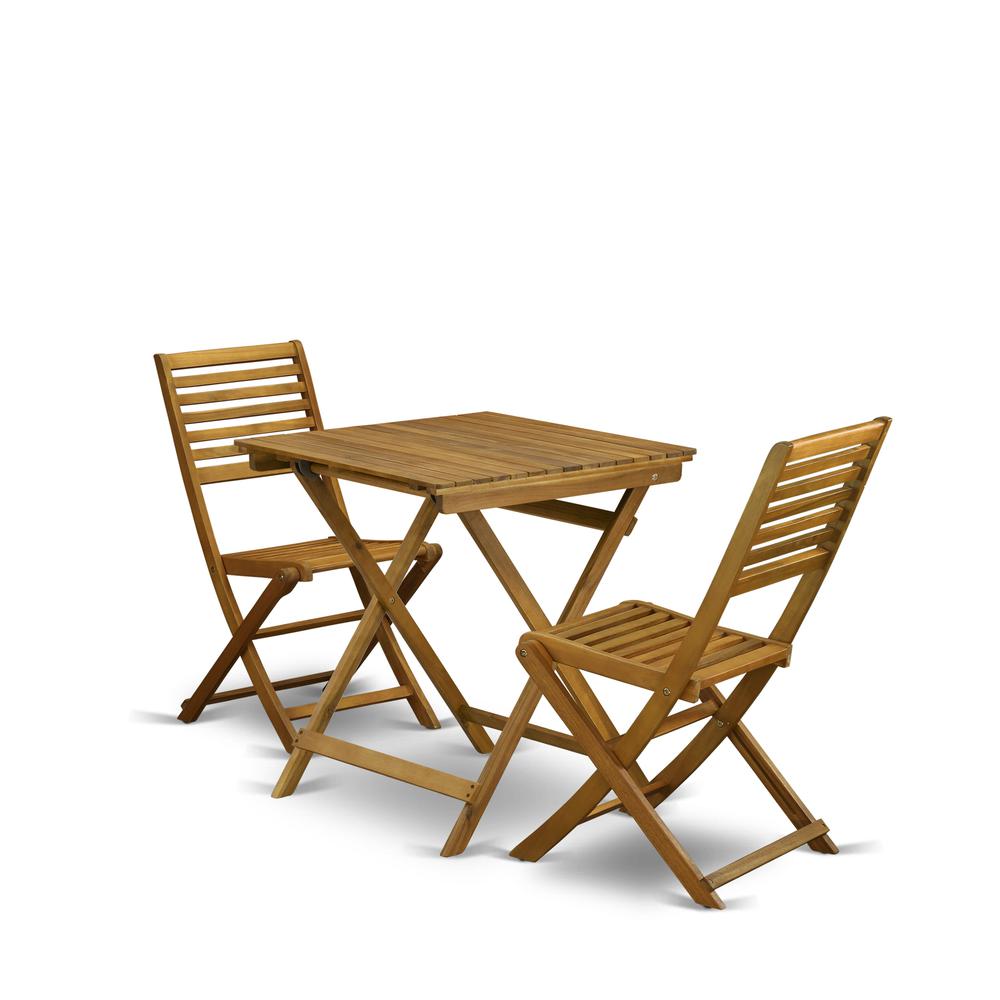 East West Furniture 3-Pc Outdoor Patio Set Consists of a Wooden Folding Table and 2 Folding Camping Chairs Ideal for Garden, Terrace, Bistro, and Porch - Natural Oil Finish. Picture 1