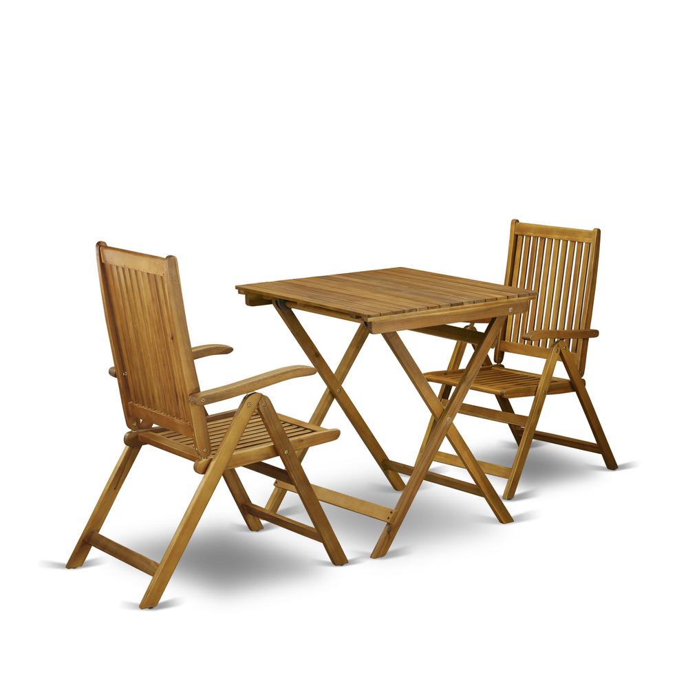 3-Pc Wood Patio Dining Set Consists of a Folding Outdoor Table and 2 Outdoor Camping Chairs - Natural Oil Finish. Picture 1
