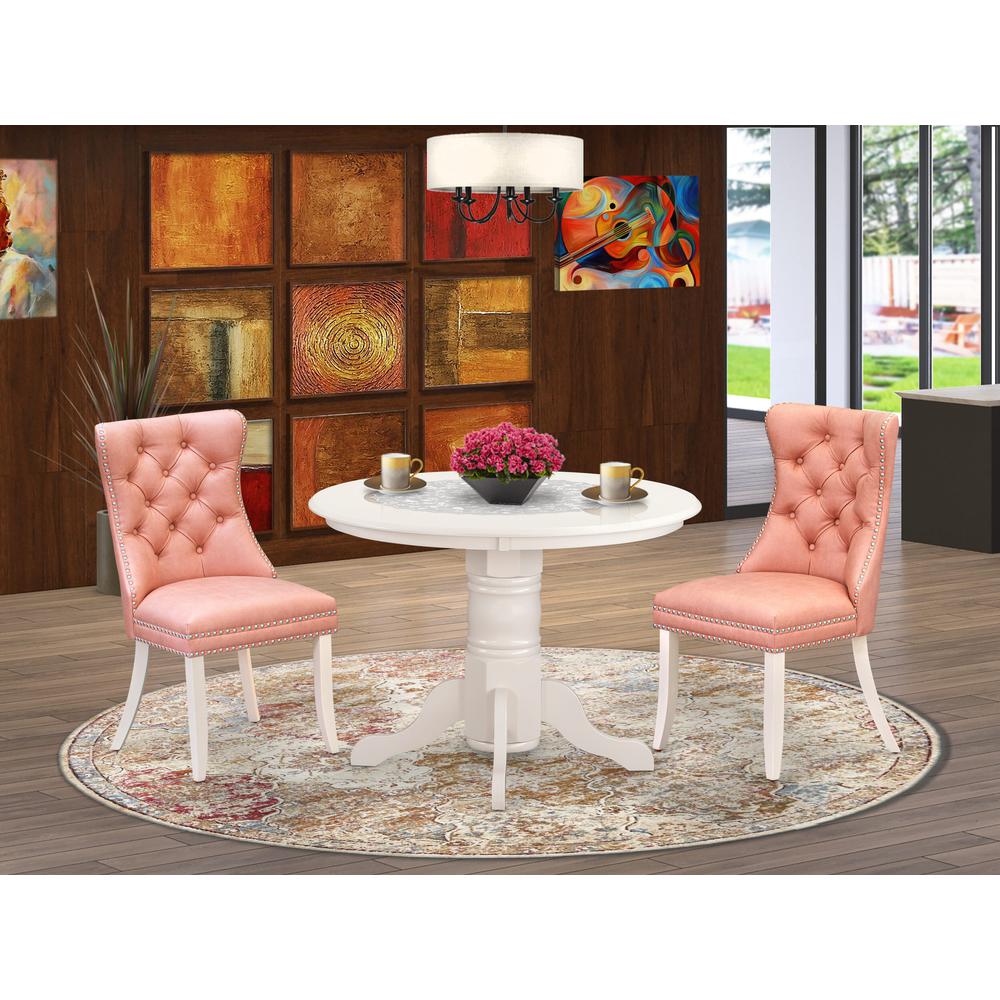East West Furniture SHDA3-WHI-23 3 Piece Dining Room Set Consists of a Round Dining Table with Pedestal and 2 Upholstered Chairs, Linen White. Picture 7