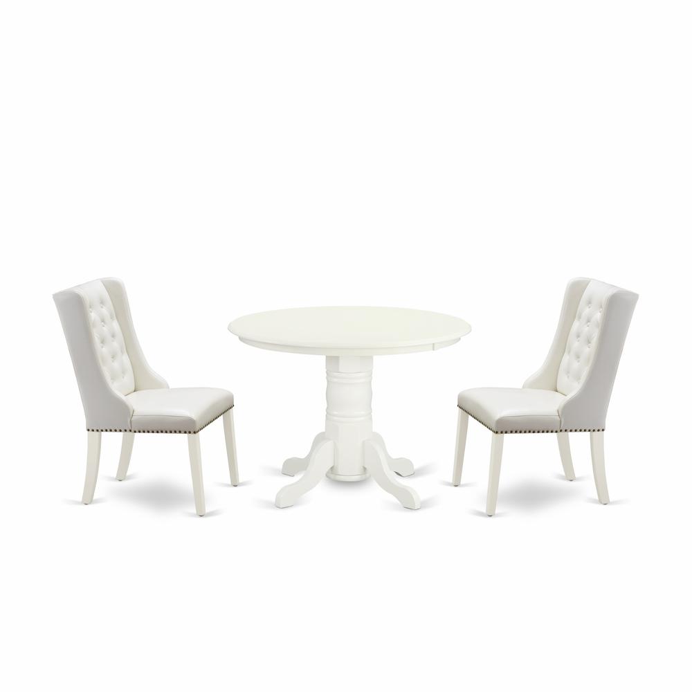 East West Furniture SHFO3-WHI-44 3-Pc Kitchen Room Table Set Includes 1 Pedestal Dining Table and 2 Light Grey Linen Fabric Mid Century Dining Chairs with Button Tufted Back - Linen White Finish. Picture 1