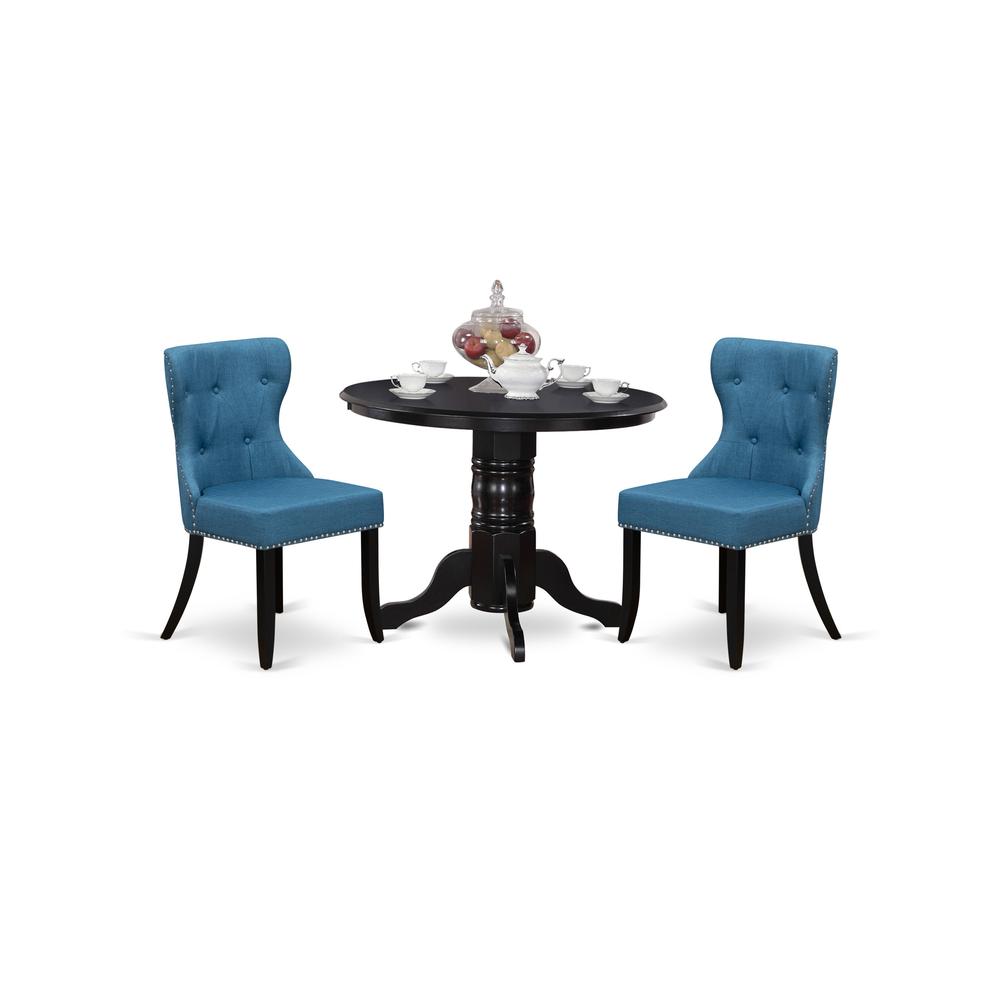 East-West Furniture SHSI3-BLK-21 - A dining room table set of 2 amazing parson dining chairs with Linen Fabric Mineral Blue color and a lovely 42-Inch Antique pedestal kitchen table using Black color. Picture 1