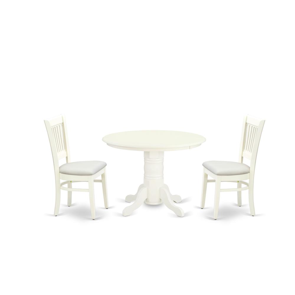 East West Furniture - SHVA3-LWH-C - 3-Pc Modern Dining Table Set- 2 Dining Chair and Dining Table - Linen Fabric Seat and Slatted Chair Back - Linen White Finish. Picture 1
