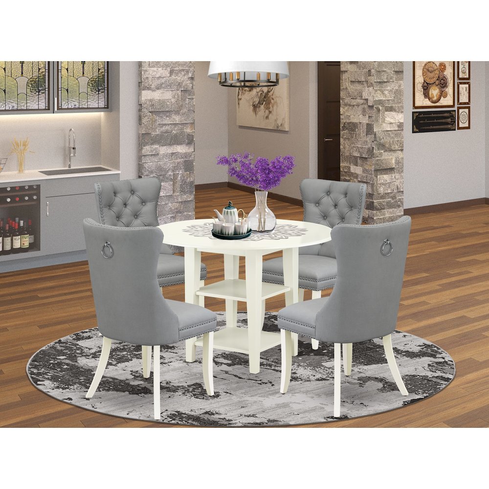 5 Piece Kitchen Set Consists of a Round Dining Table with Dropleaf & Shelves. Picture 2