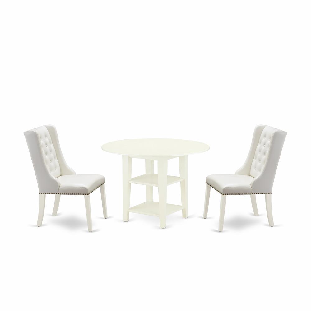 East West Furniture SUFO3-LWH-44 3-Piece Kitchen Table Set Includes 1 Dining Table with Two Shelves - 2 Light Grey Linen Fabric Upholstered Dining Chairs with Button Tufted Back - Linen White Finish. Picture 1