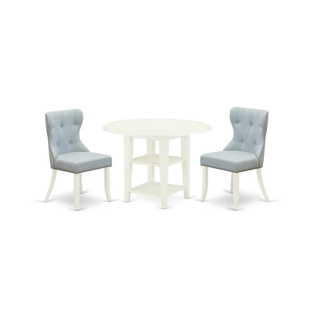 East-West Furniture SUSI3-LWH-15 - A dining room table set of 2 excellent dining chairs with Linen Fabric Baby Blue color and a lovely dining table with Linen White color. Picture 1