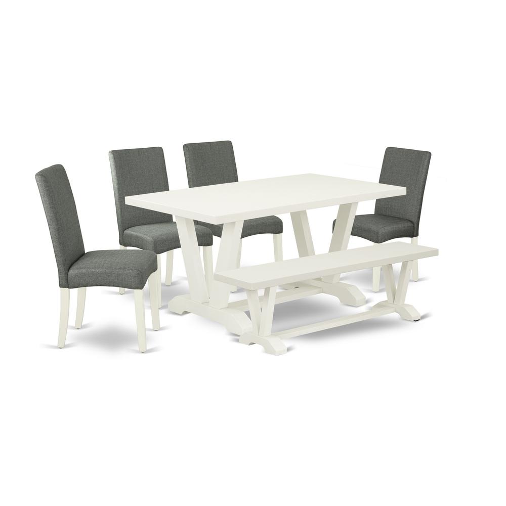 East West Furniture 6-Pc Kitchen Dinette Set-Gray Smoke Linen Fabric Seat and Stylish Chair Back Kitchen chairs, A Rectangular Bench and Rectangular Top Kitchen Dining Table with Hardwood Legs - Linen. Picture 1