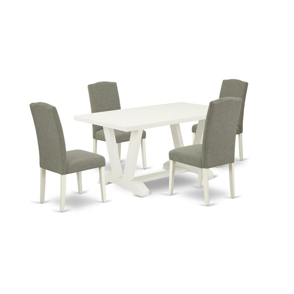 East West Furniture 5-Pc Dining Set Included 4 Dining chairs Upholstered Nails Head Seat and Stylish Chair Back and Rectangular Dining room Table with Linen White Kitchen Dining Table Top - Linen Whit. Picture 1