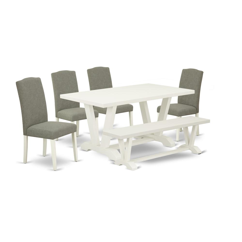 East West Furniture 6-Piece Table Dining Set-Dark Shitake Linen Fabric Seat and Stylish Chair Back Kitchen chairs, A Rectangular Bench and Rectangular Top Kitchen Table with Hardwood Legs - Linen Whit. Picture 1