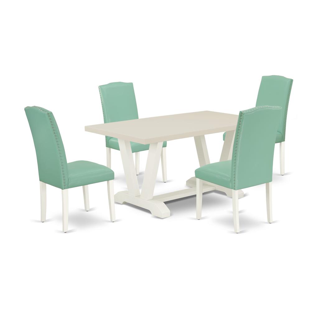 V026EN257-5 5 Pc Dining Room Set Contains a Linen White Dining Table and 4 Pond PU Leather Dining Chairs with High Back - Wire Brushed Linen White Finish. Picture 1