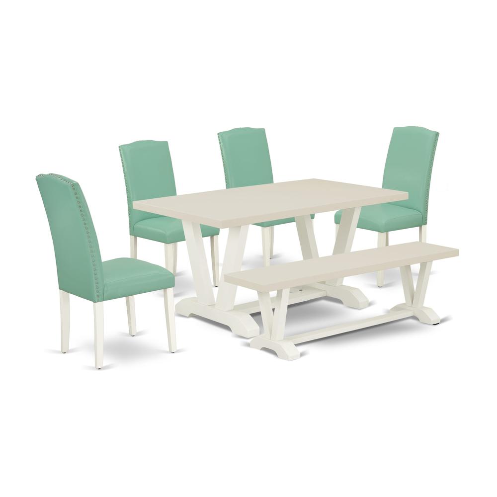 East West Furniture 6 Pc Dining Room Set Contains a Linen White Dining Table and a Mid Century Bench, 4 Pond PU Leather Dining Chairs with High Back - Wire Brushed Linen White Finish. Picture 1