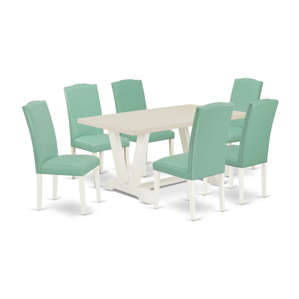 East West Furniture 7 Pc Mid Century Dining Set Consists of a Linen White Wood Table and 6 Pond PU Leather Upholstered Dining Chairs with High Back - Wire Brushed Linen White Finish. Picture 1
