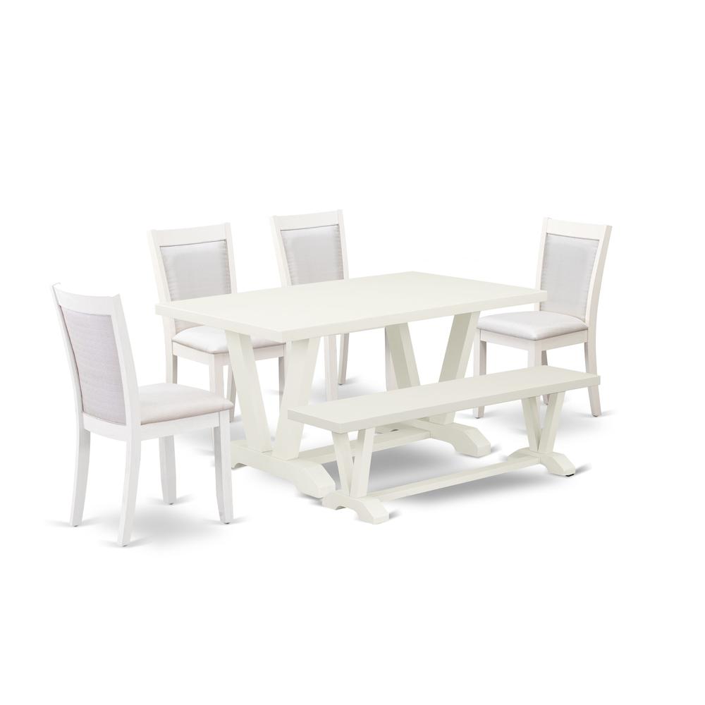 V026MZ001-6 6-Pc Table Set Contains a Dining Table - 4 Cream Dining Chairs and a Wood Bench - Wire Brushed Linen White Finish. Picture 1