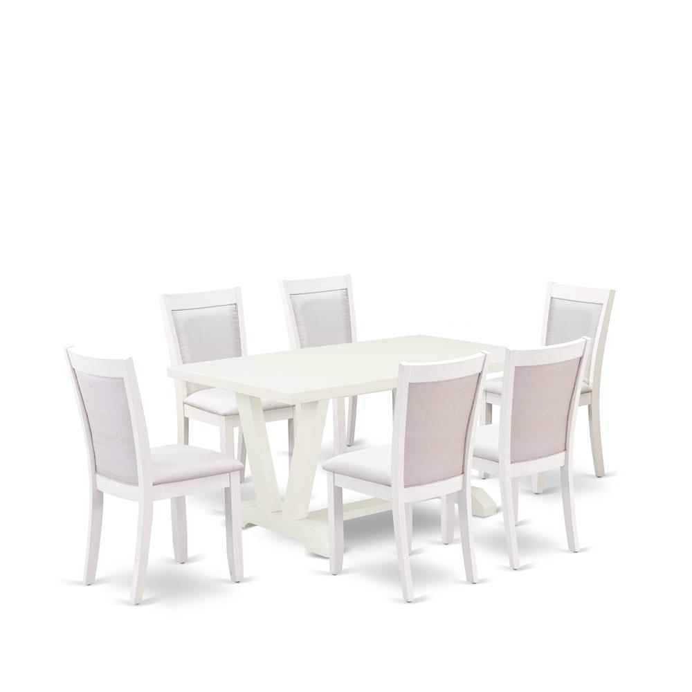 V026MZ001-7 7-Piece Kitchen Dining Table Set Contains a Wooden Table and 6 Cream Dining Chairs - Wire Brushed Linen White Finish. Picture 1