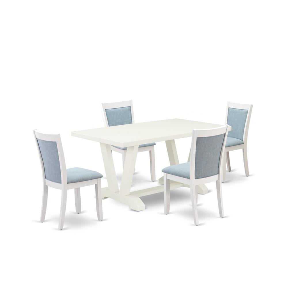 V026MZ015-5 5-Piece Dining Room Set Contains a Dining Table and 4 Baby Blue Upholstered Chairs - Wire Brushed Linen White Finish. Picture 1