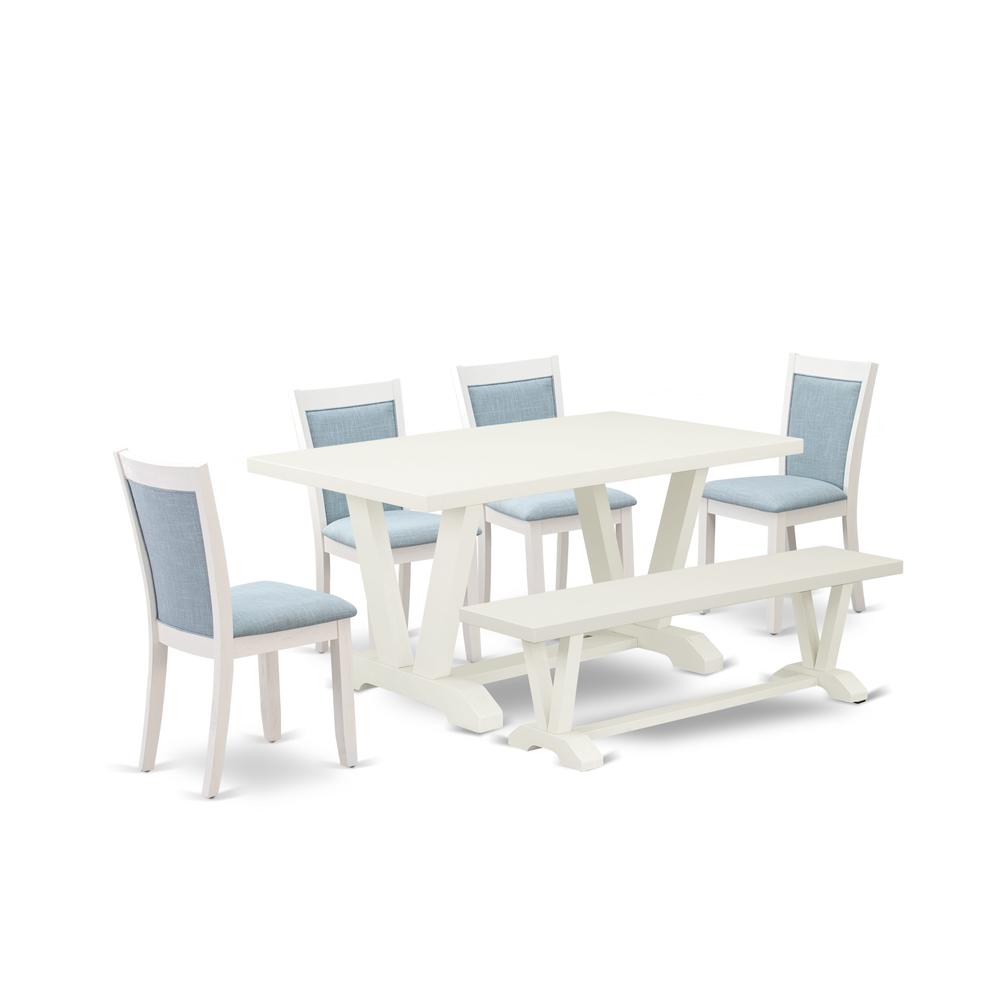 V026MZ015-6 6-Pc Table Set Contains a Wood Table - 4 Baby Blue Parson Chairs and a Small Bench - Wire Brushed Linen White Finish. Picture 1