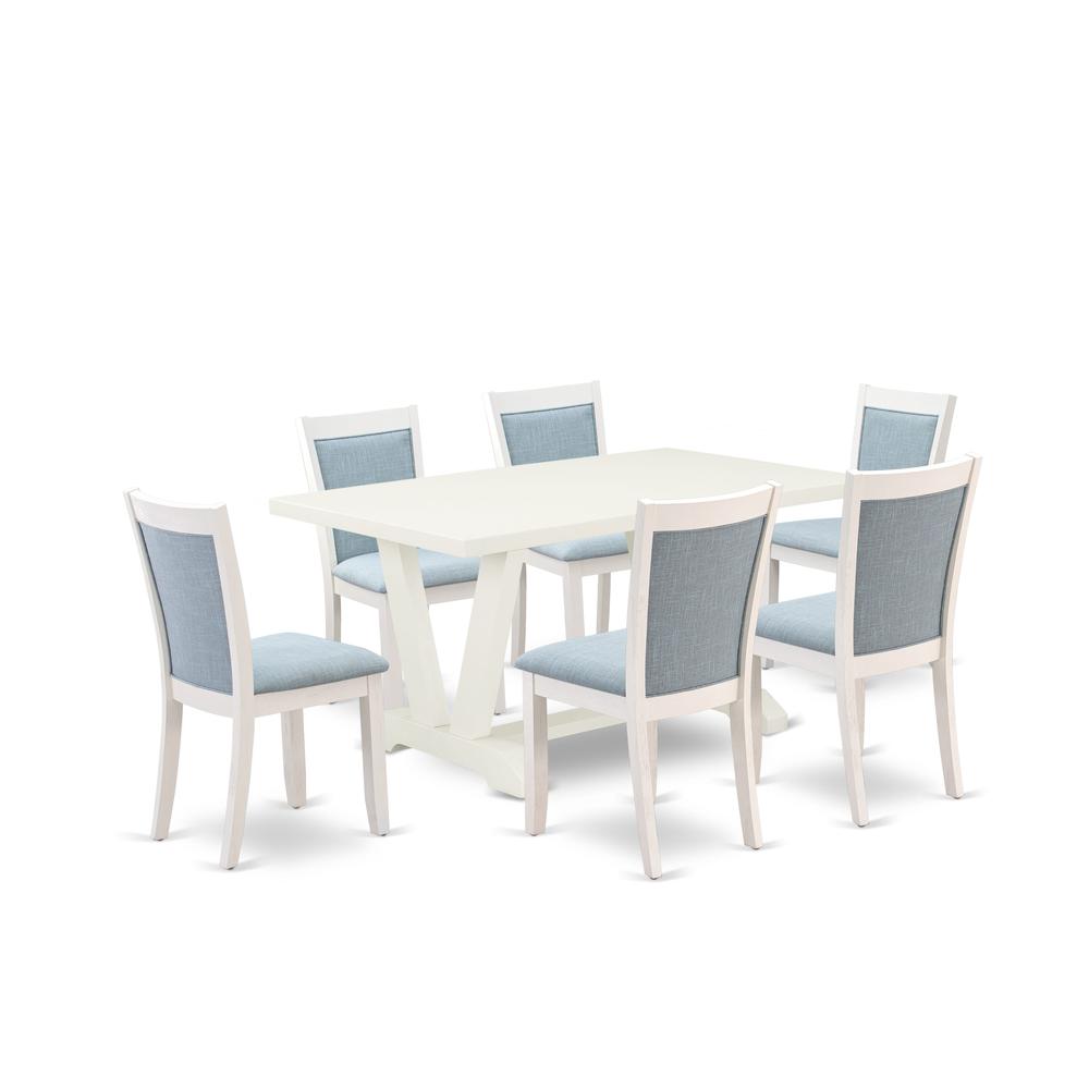 V026MZ015-7 7-Piece Modern Dining Set Contains a Dining Table and 6 Baby Blue Dining Chairs - Wire Brushed Linen White Finish. Picture 1