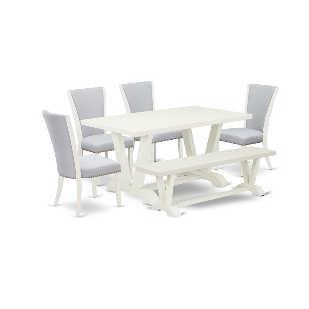 East West Furniture V026VE005-6 6 Piece Table Set - 4 Grey Linen Fabric Parson Chairs with Nailheads and Wirebrushed Linen White Wooden Dining Table - 1 Kitchen Bench - Wirebrush Linen White Finish. Picture 1