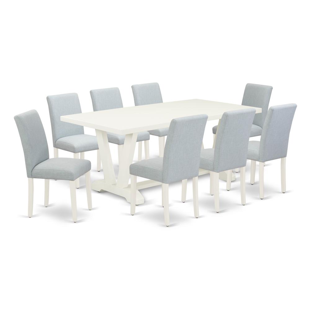 East West Furniture 9-Piece Dining Room Table Set Includes 8 Dining Chairs with Upholstered Seat and High Back and a Rectangular Dining Room Table - Linen White Finish. Picture 1