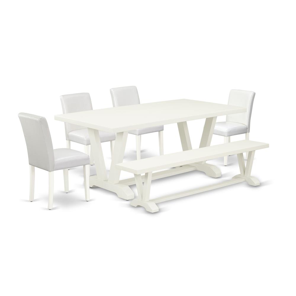 East West Furniture V027AB264-6 6-Piece Amazing Modern Dining Table Set a Superb Linen White dining table Top and Linen White Kitchen Bench and 4 Awesome Pu Leather Dining Chairs with Stylish Chair Ba. Picture 1