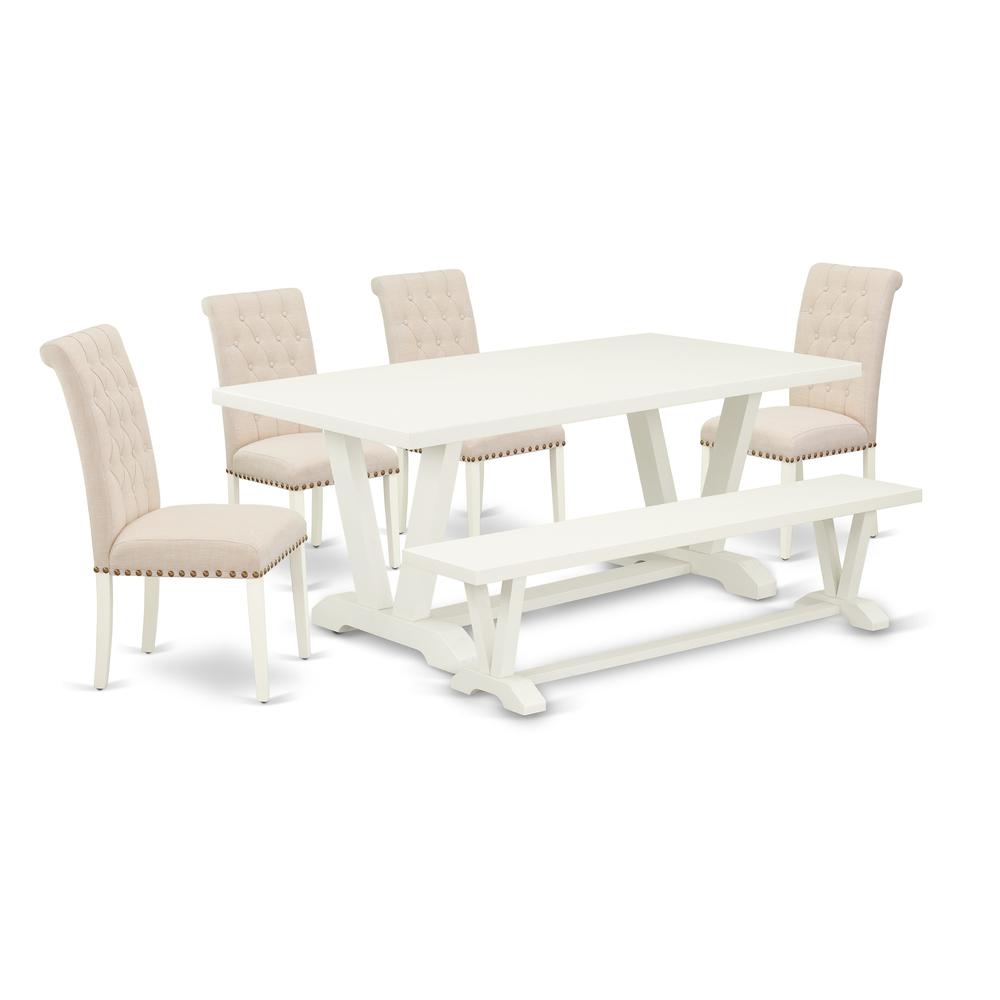 East West Furniture 6-Pc Dinette Set-Light Beige Linen Fabric Seat and Button Tufted Chair Back Parson chairs, A Rectangular Bench and Rectangular Top Kitchen Dining Table with Hardwood Legs - Linen W. Picture 1