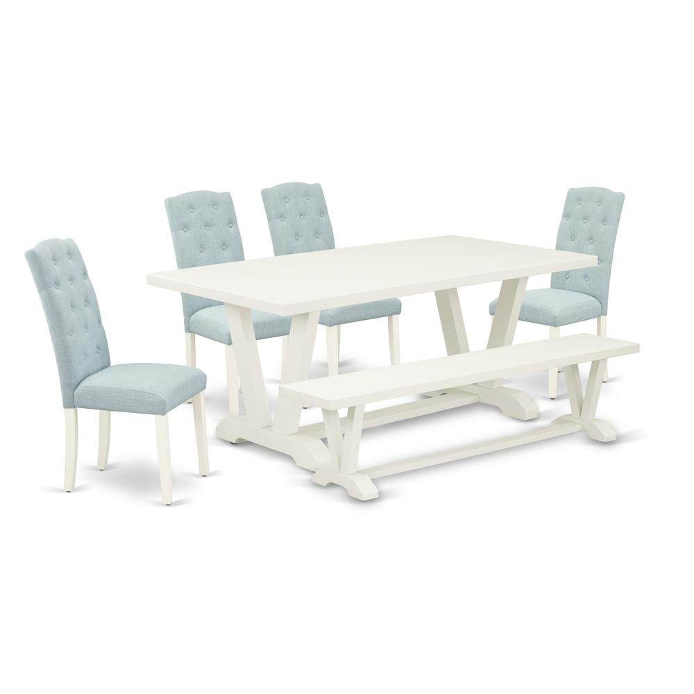 East West Furniture 6-Piece Kitchen Dining Room Set- 4 Parson Dining Room Chairs with Baby Blue Linen Fabric Seat and Button Tufted Chair Back - Rectangular Top & Wooden Legs Dining Room Table and Woo. Picture 1