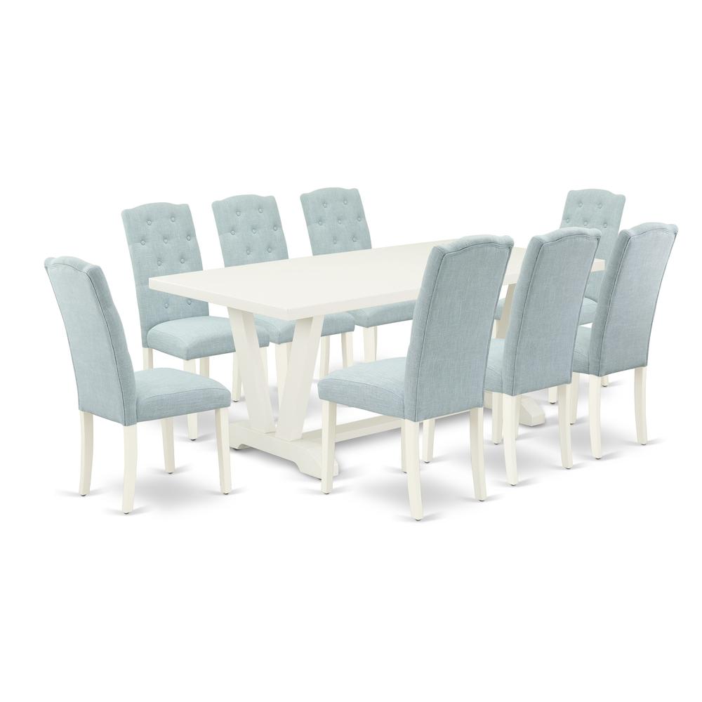 East West Furniture 9-Piece Modern Dining Table Set- 8 Upholstered Dining Chairs with Baby Blue Linen Fabric Seat and Button Tufted Chair Back - Rectangular Table Top & Wooden Legs - Linen White Finis. Picture 1