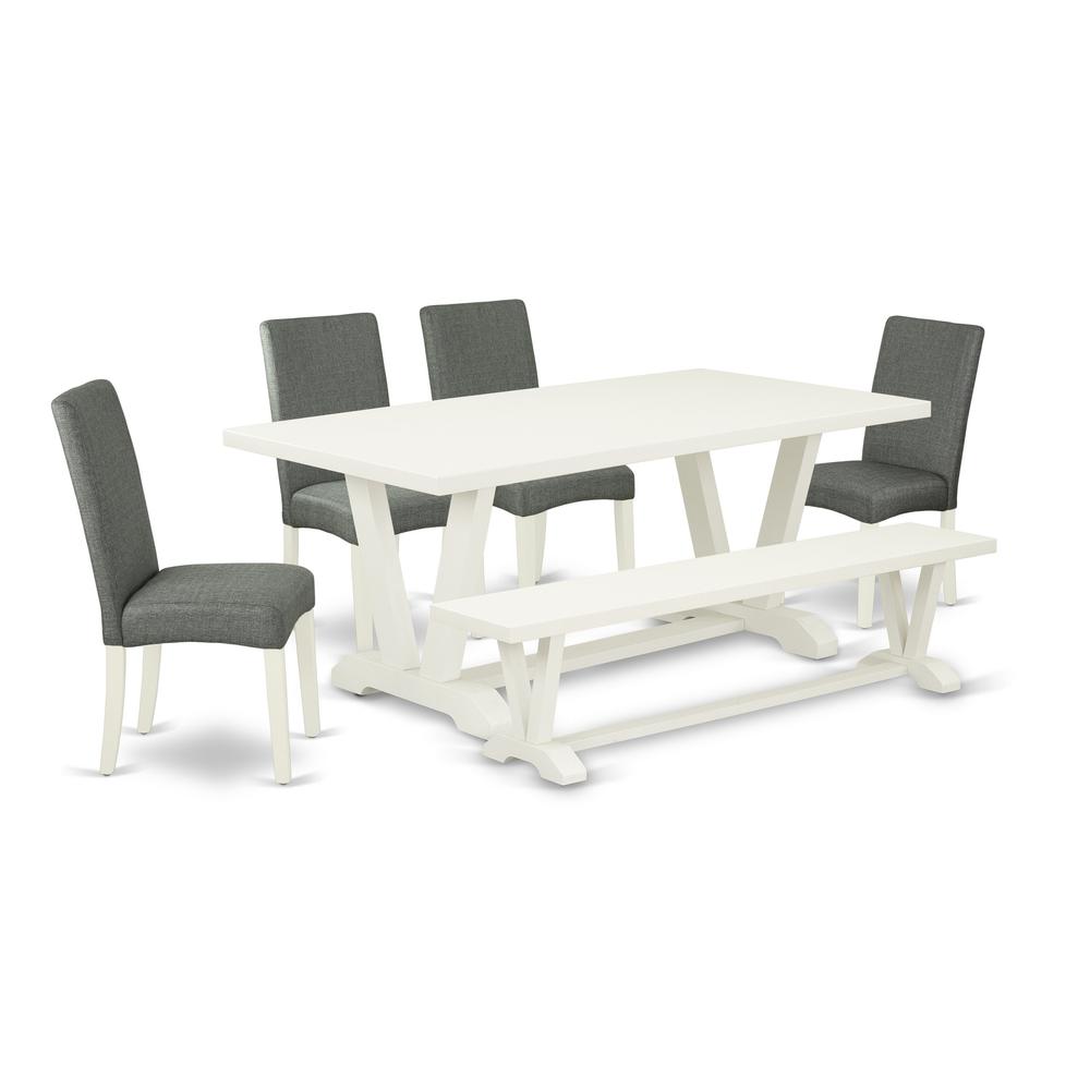 East West Furniture 6-Pc Wood Dining Table Set-Gray Smoke Linen Fabric Seat and Stylish Chair Back Parson chairs, a Rectangular Bench and Rectangular Top Dinette Table with Solid Wood Legs - Linen Whi. Picture 1
