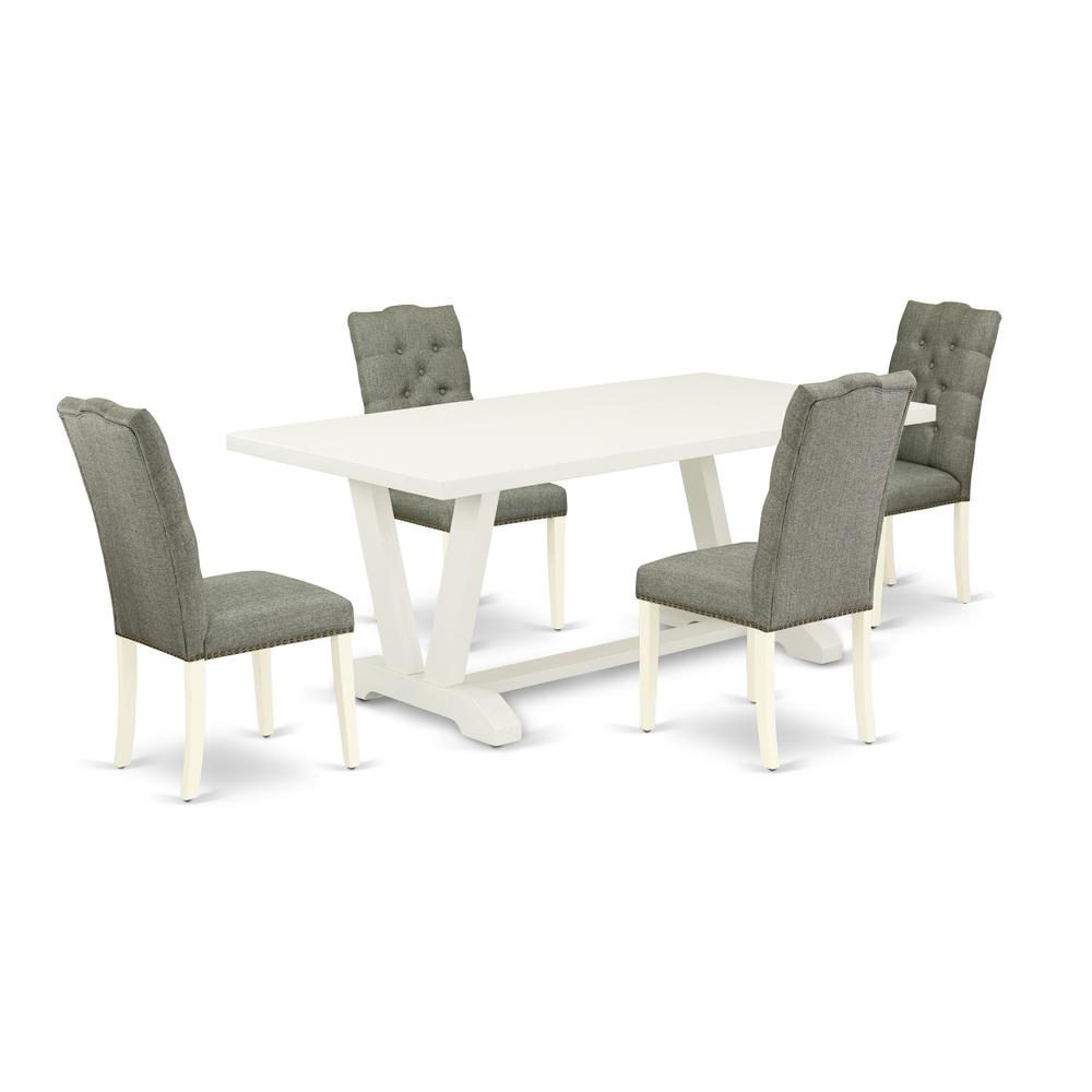 East West Furniture 5-Pc Dining Room Table Set- 4 Dining Chairs with Smoke Linen Fabric Seat and Button Tufted Chair Back - Rectangular Table Top & Wooden Legs - Linen White Finish. Picture 1
