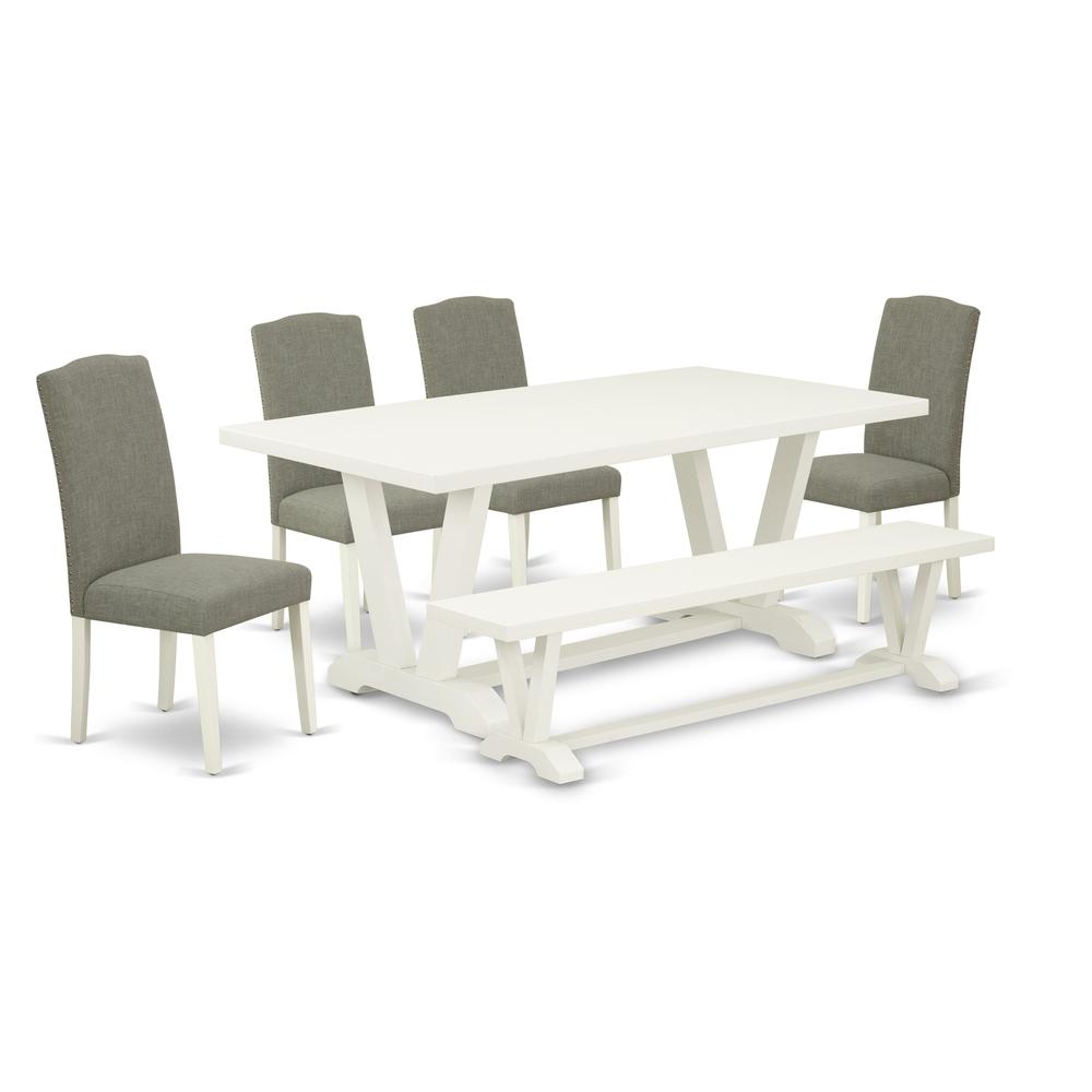 East West Furniture 6-Piece Mid Century Dining Table Set-Dark Shitake Linen Fabric Seat and Button Tufted Chair Back Padded Parson Chairs, A Rectangular Bench and Rectangular Top Wood Kitchen Table wi. Picture 1