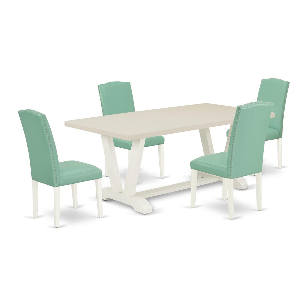 East West Furniture 5 Pc Mid Century Dining Set Consists of a Linen White Wood Table and 4 Pond PU Leather Upholstered Dining Chairs with High Back - Wire Brushed Linen White Finish. Picture 1