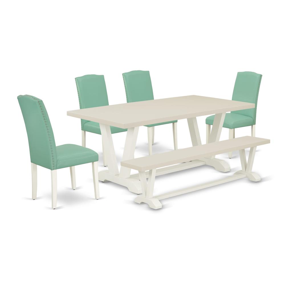 East West Furniture 6 Piece Table Set Consists of a Linen White Wooden Table and a Wooden Dining Bench, 4 Pond PU Leather Dinning Chairs with High Back - Wire Brushed Linen White Finish. Picture 1