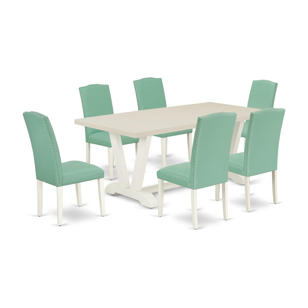 East West Furniture 7 Piece Mid Century Dining Set Contains a Linen White Rectangular Table and 6 Pond PU Leather Upholstered Chairs with High Back - Wire Brushed Linen White Finish. Picture 1