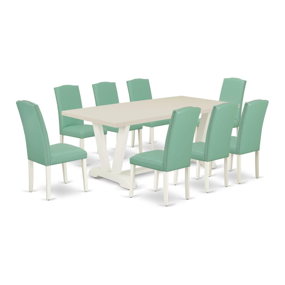 East West Furniture 9 Piece Kitchen Table Set Includes a Linen White Wooden Dining Table and 8 Pond PU Leather Dining Room Chairs with High Back - Wire Brushed Linen White Finish. Picture 1