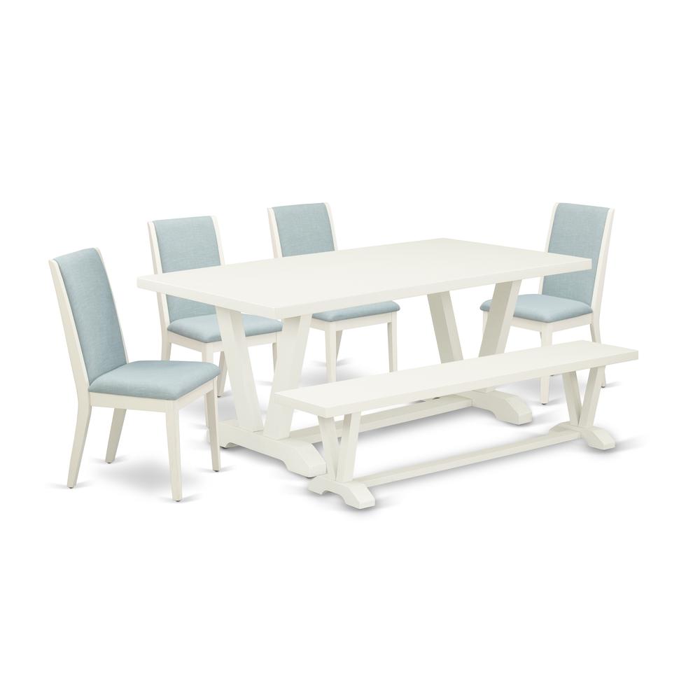 East West Furniture V027LA015-6 6Pc Dining Set Offers a Dining Room Table, 4 Parson Dining Chairs with Baby Blue Color Linen Fabric and a Bench, Medium Size Table with Full Back Chairs, Wirebrushed Li. Picture 1