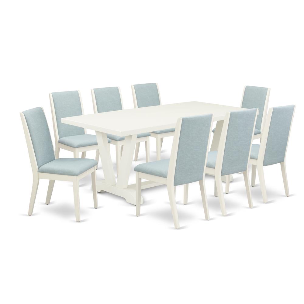 East West Furniture V027LA015-9 9Pc Dining Room Table Set Consists of a Rectangle Table and 8 Parsons Dining Chairs with Baby Blue Color Linen Fabric, Medium Size Table with Full Back Chairs, Wirebrus. Picture 1