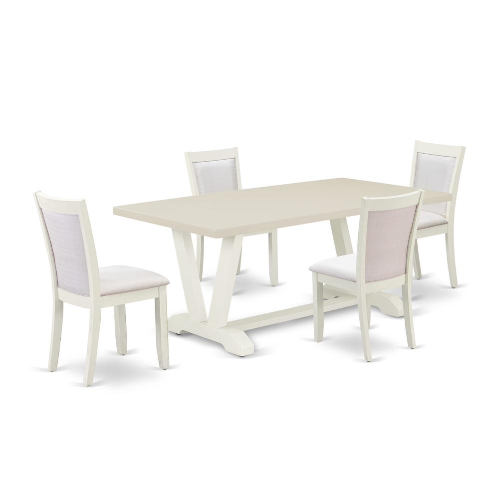 East West Furniture 5-Pc Modern Dining Set Includes a Mid Century Dining Table and 4 Cream Linen Fabric Upholstered Chairs with Stylish Back - Wire Brushed Linen White Finish. Picture 1
