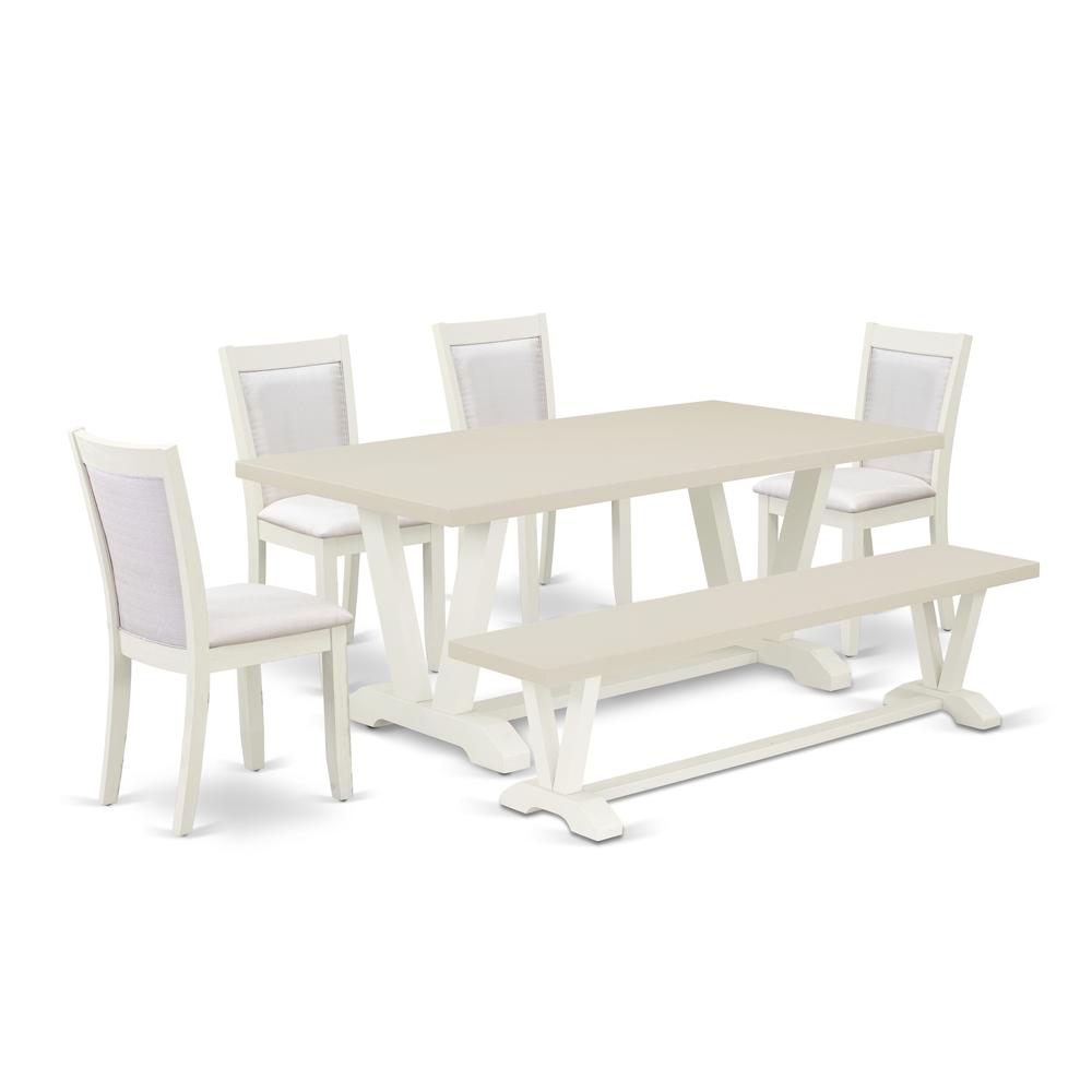 East West Furniture 6-Pc Modern Dining Set Includes a Dinner Table - 4 Cream Linen Fabric Padded Chairs with Stylish Back and a Dining Room Bench - Wire Brushed Linen White Finish. Picture 1