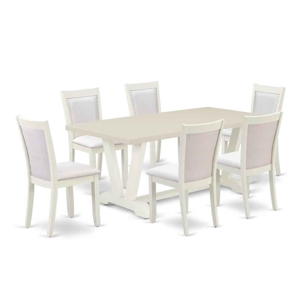 East West Furniture 7-Pc Dinner Table Set Includes a Modern Dining Table and 6 Cream Linen Fabric Dining Chairs with Stylish Back - Wire Brushed Linen White Finish. Picture 1
