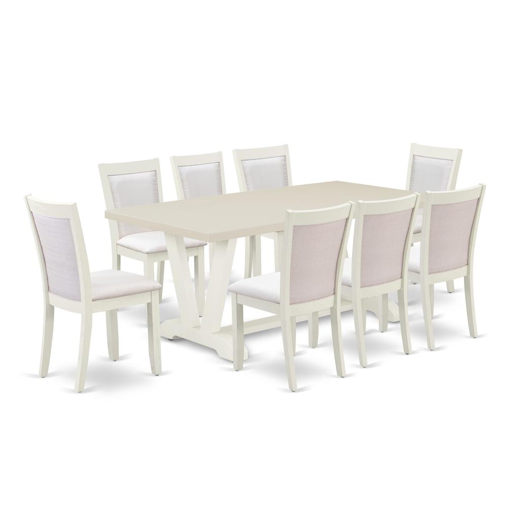 East West Furniture 9-Pc Dinette Set Includes a Wooden Table and 8 Cream Linen Fabric Dining Chairs with Stylish Back - Wire Brushed Linen White Finish. Picture 1