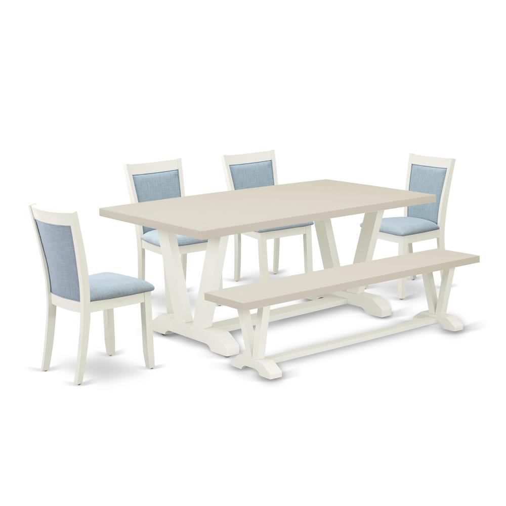 East West Furniture 6-Pc Table Set Includes a Wood Dining Table - 4 Baby Blue Linen Fabric Upholstered Chairs with Stylish Back and a Wood Bench - Wire Brushed Linen White Finish. Picture 1